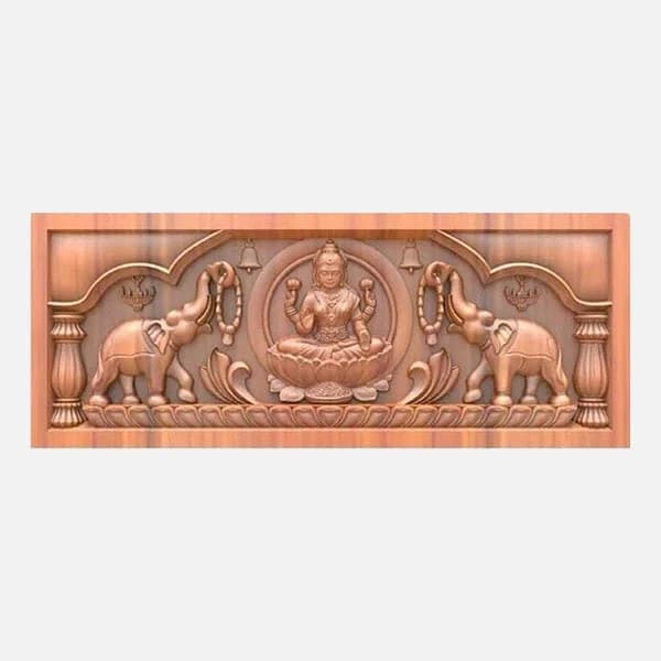 Gajalakshmi with bell and lamp handcrafted teak wood wall panel front view