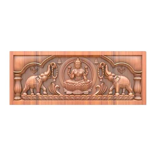 Gajalakshmi with bell and lamp handcrafted teak wood wall panel front view