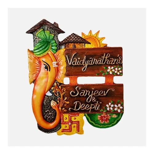 Ganesha Name Plate with Sun and Flower - House Name Plates collection | Indraniie