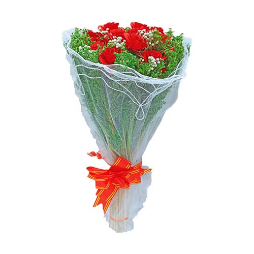 Palm Red Rose Blossom Bouquet